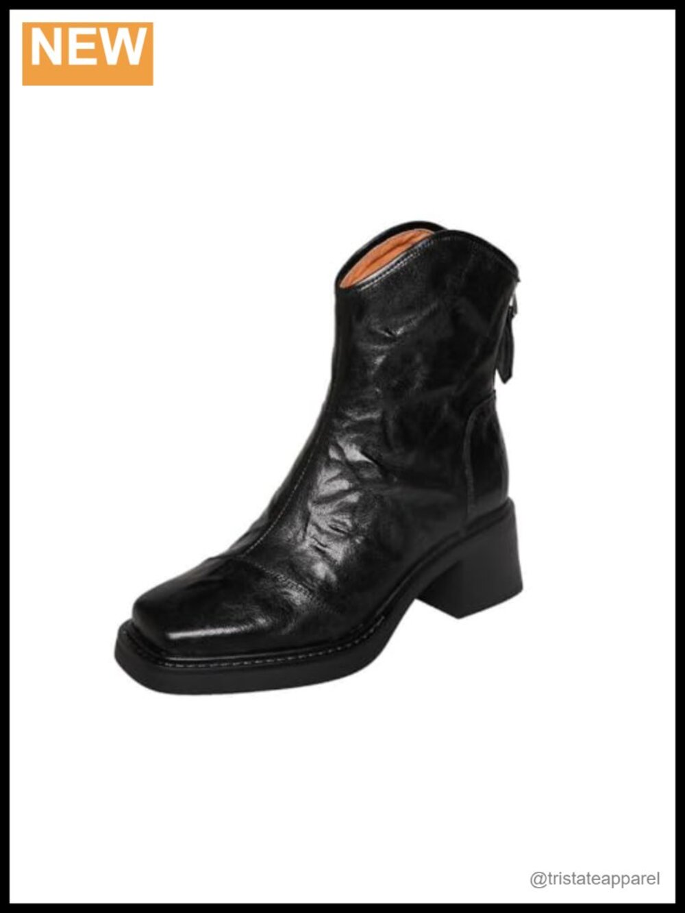 Genuine Leather Handmade Ankle Boots Block Heel Zip